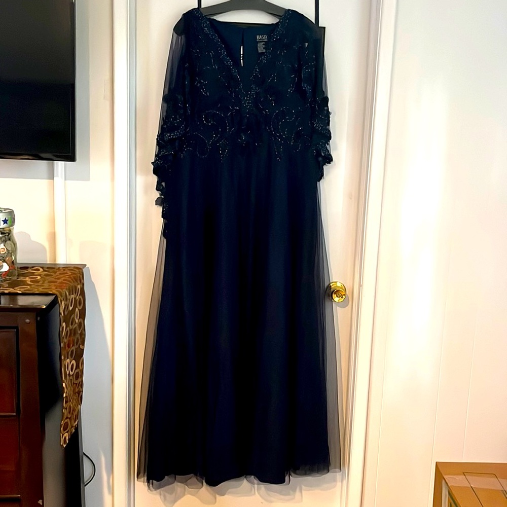 Basic Black Label deep navy blue tulle gown with embroidered cape.